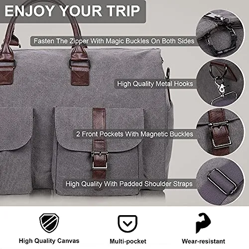 Seyfocnia Carry On Garment Bag, Mens Garment Bag for Travel Business, Large Canvas Duffel Bag with Shoe Compartment -Grey