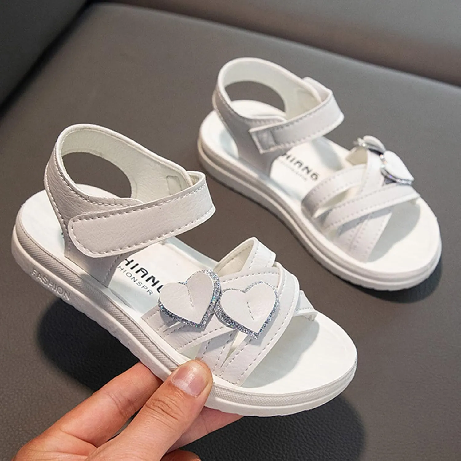 sfdgfhyf Kids Solid Color Shoes Child Shoes Fashion Love Decorative Thick Sole Sandals Soft Sole (White, 13 Little Child)