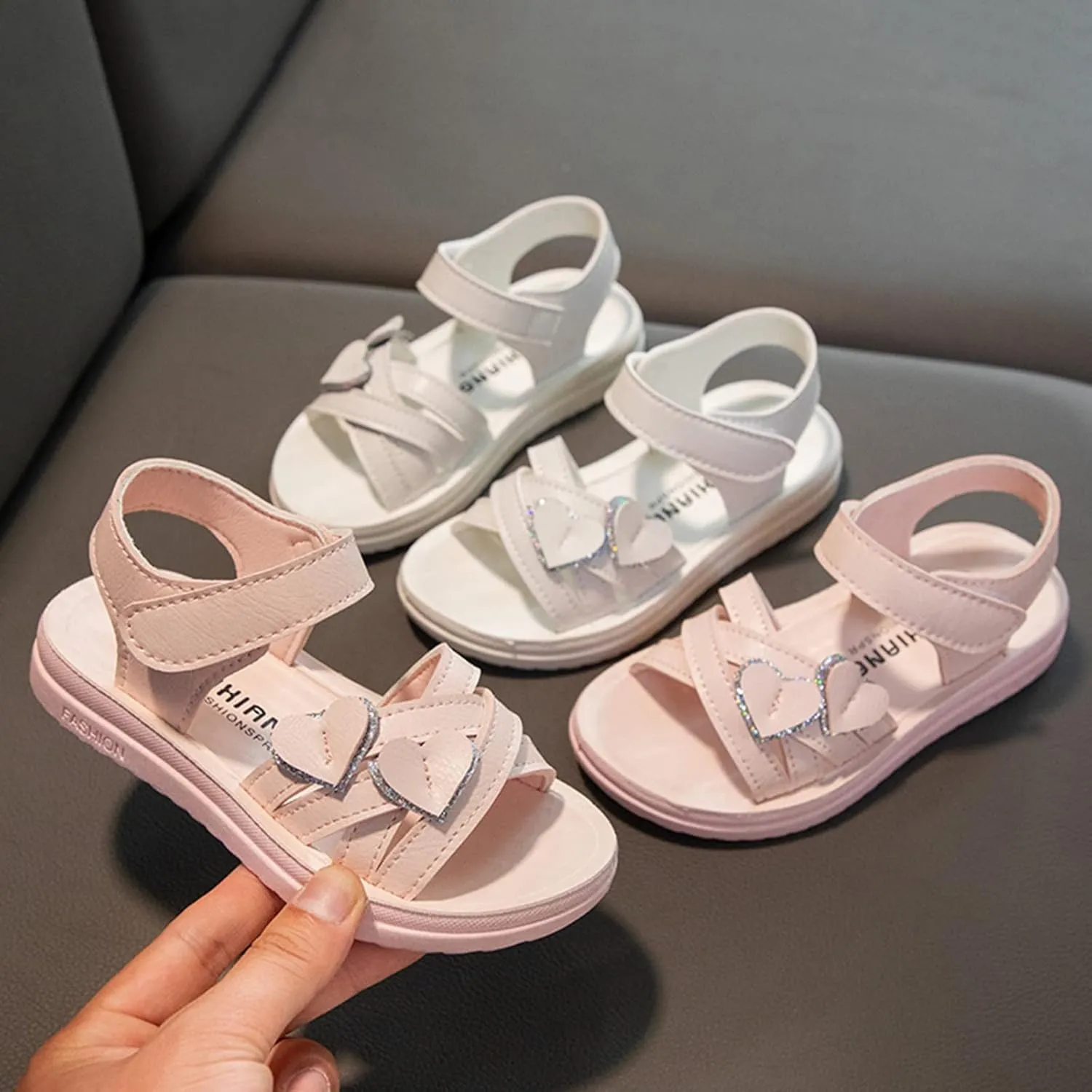 sfdgfhyf Kids Solid Color Shoes Child Shoes Fashion Love Decorative Thick Sole Sandals Soft Sole (White, 13 Little Child)