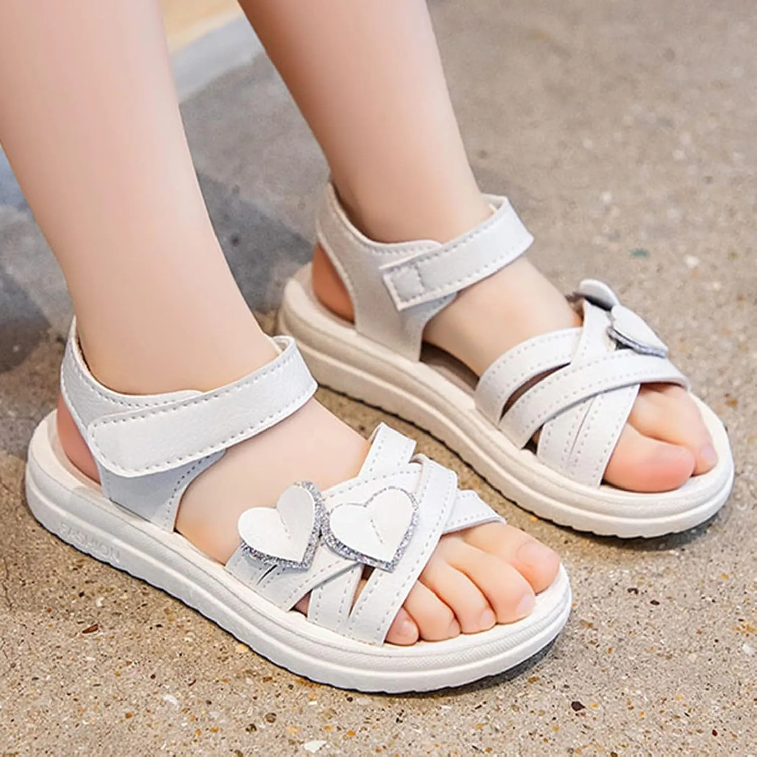 sfdgfhyf Kids Solid Color Shoes Child Shoes Fashion Love Decorative Thick Sole Sandals Soft Sole (White, 13 Little Child)
