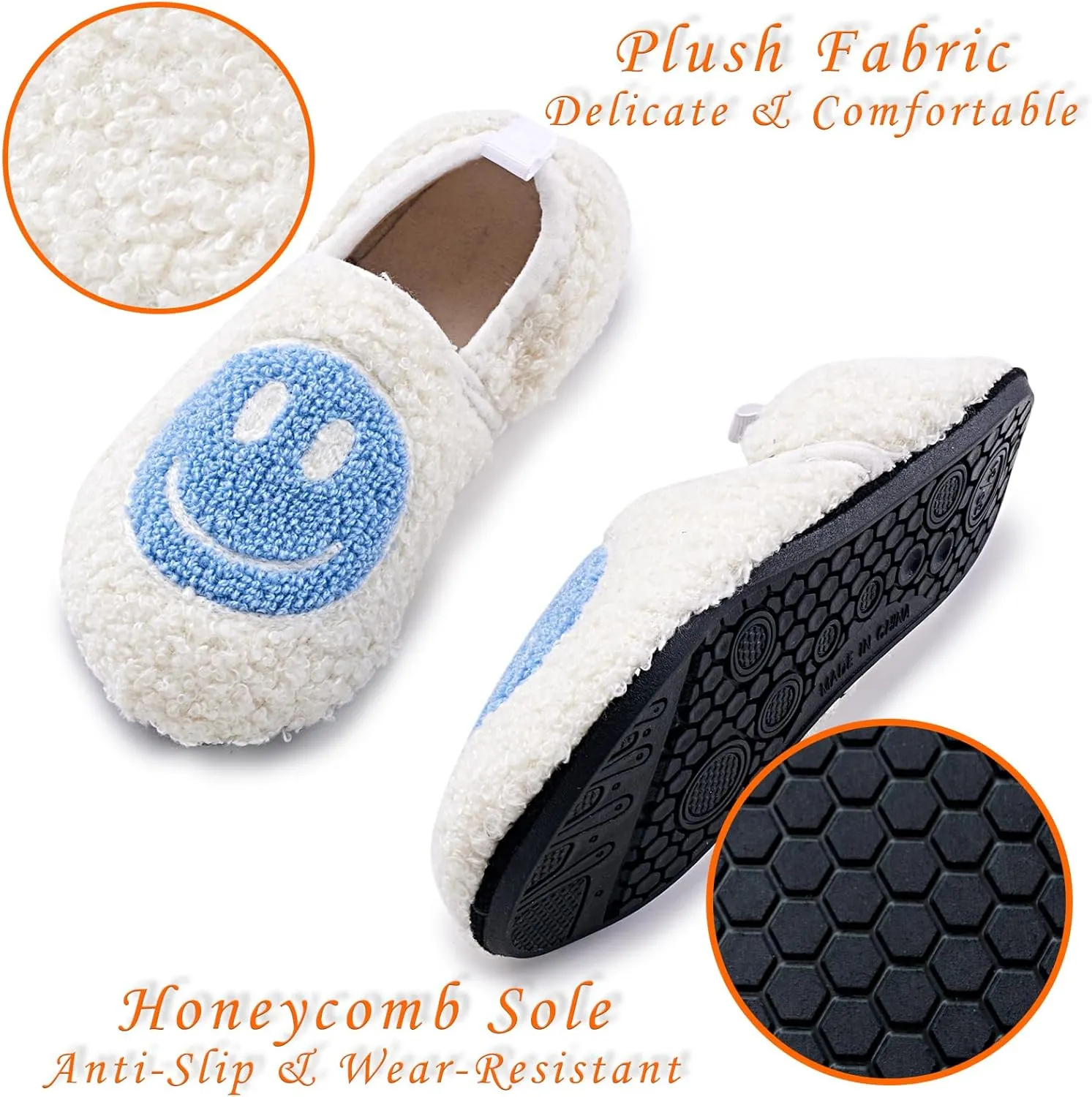 Smile Face Slippers Kids Fuzzy Indoor House Slippers Toddler Home Cozy Socks Cute Face Non-Slip Rubber Sole Warm Shoes Cartoon Soft For Boys Girls