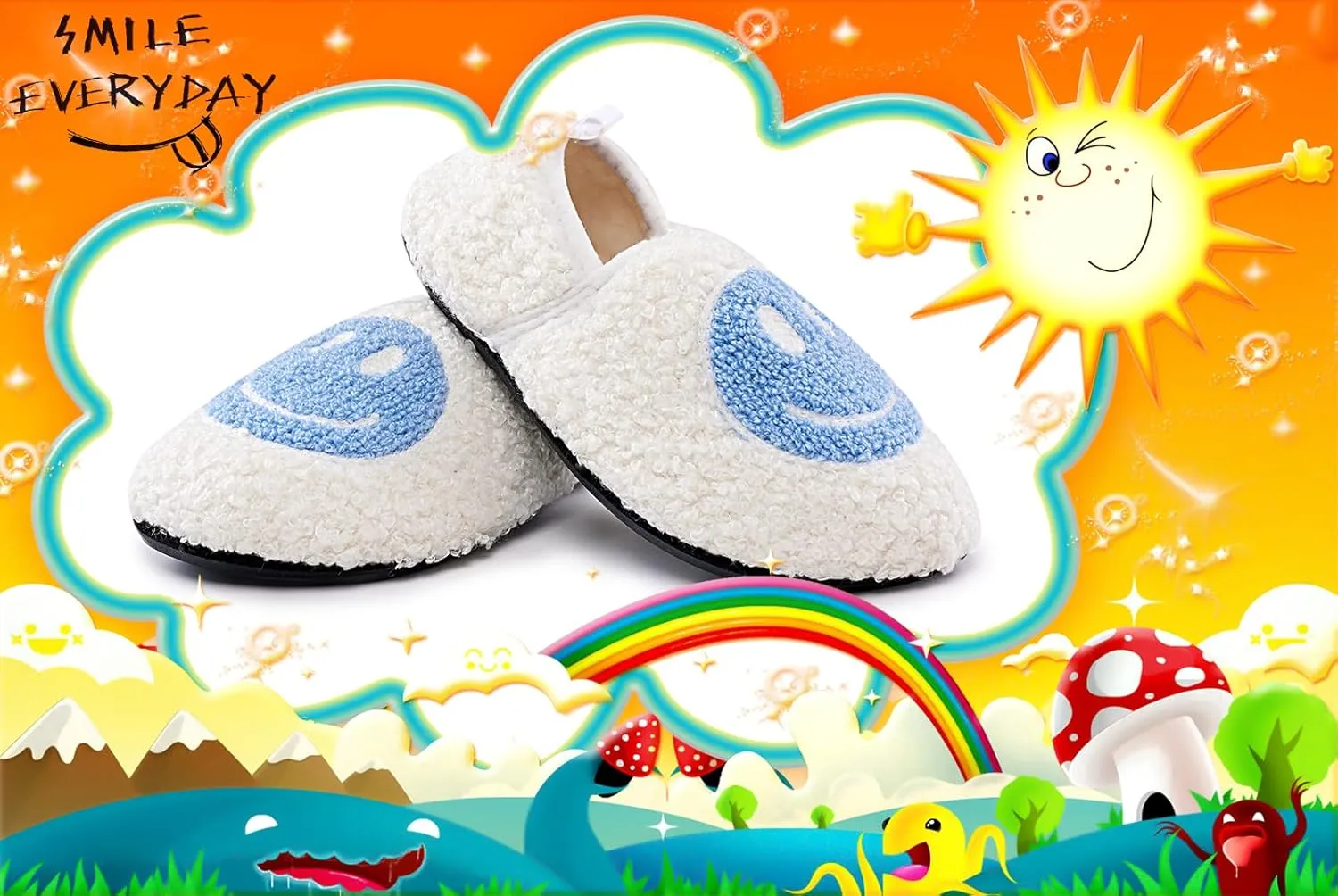 Smile Face Slippers Kids Fuzzy Indoor House Slippers Toddler Home Cozy Socks Cute Face Non-Slip Rubber Sole Warm Shoes Cartoon Soft For Boys Girls
