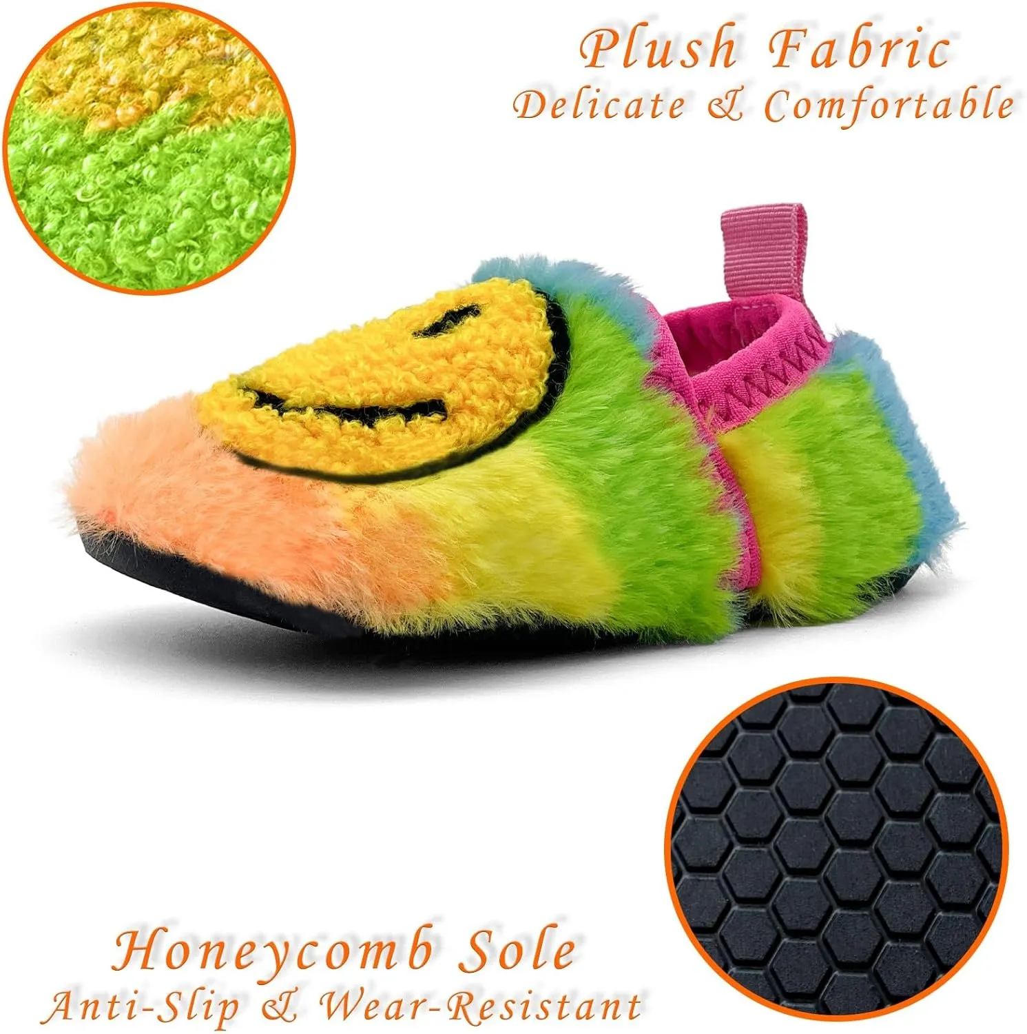 Smile Face Slippers Kids Fuzzy Indoor House Slippers Toddler Home Cozy Socks Cute Face Non-Slip Rubber Sole Warm Shoes Cartoon Soft For Boys Girls
