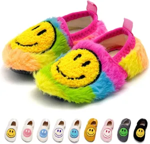 Smile Face Slippers Kids Fuzzy Indoor House Slippers Toddler Home Cozy Socks Cute Face Non-Slip Rubber Sole Warm Shoes Cartoon Soft For Boys Girls