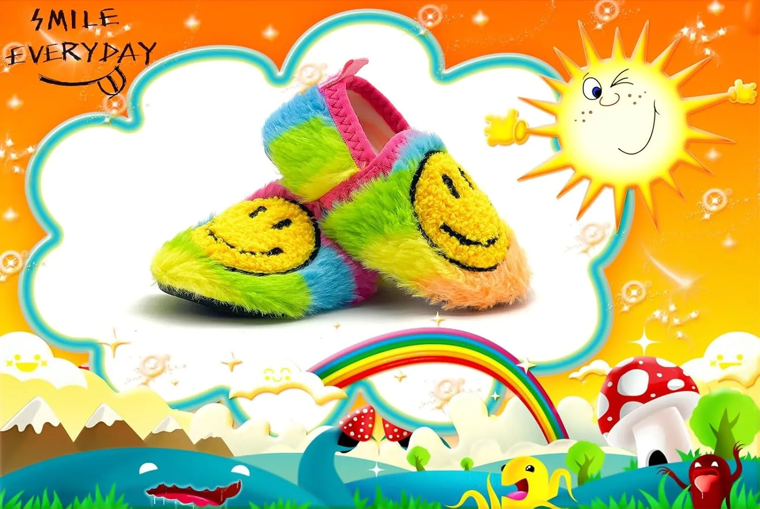 Smile Face Slippers Kids Fuzzy Indoor House Slippers Toddler Home Cozy Socks Cute Face Non-Slip Rubber Sole Warm Shoes Cartoon Soft For Boys Girls