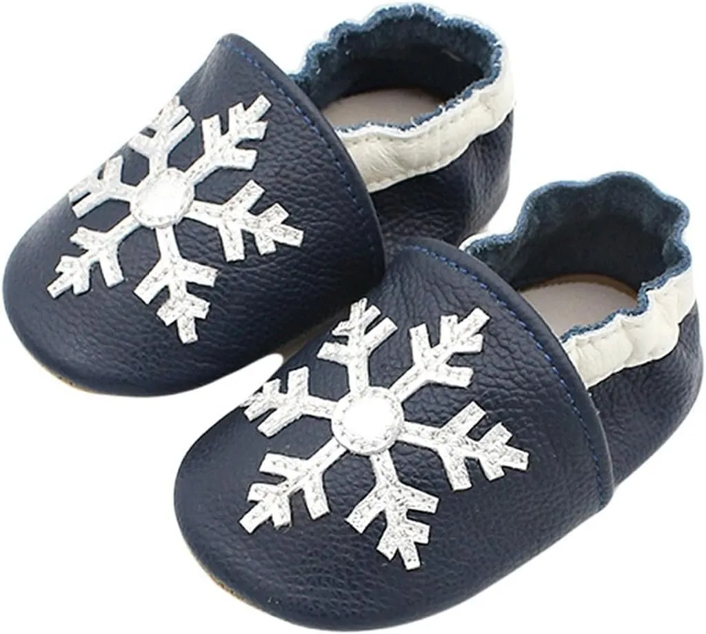 Soft Leather Slippers Baby occasins with Rubber Sole, Anti-Slip Infant Toddler First Walking Shoes for Little Baby Boys Slippers