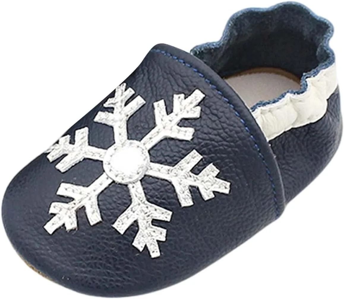 Soft Leather Slippers Baby occasins with Rubber Sole, Anti-Slip Infant Toddler First Walking Shoes for Little Baby Boys Slippers