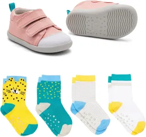 Ten Little First Walker Kids Shoes & Crew Socks Bundle for Baby & Toddler Boys & Girls, Rose Pink Shoe Size 4.5, Crew Socks with Non-Skid Grips 4 Pk