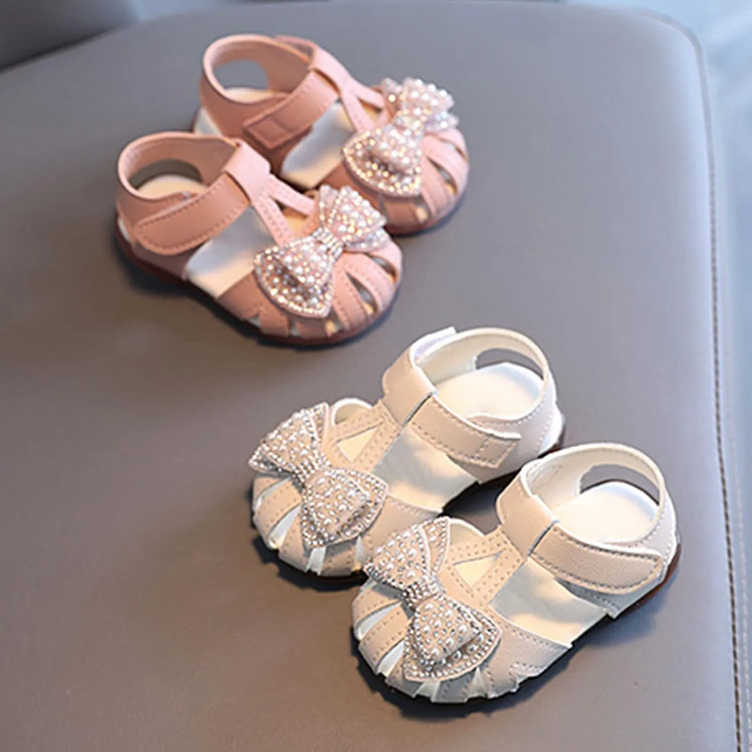 Toddler Baby Girl Pearl Bowknot Sandals Infant Closed Toe First Walking Shoes Princess Soft Sole Cute Dress Shoes