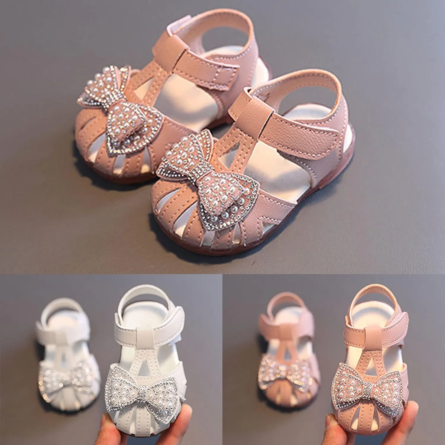 Toddler Baby Girl Pearl Bowknot Sandals Infant Closed Toe First Walking Shoes Princess Soft Sole Cute Dress Shoes