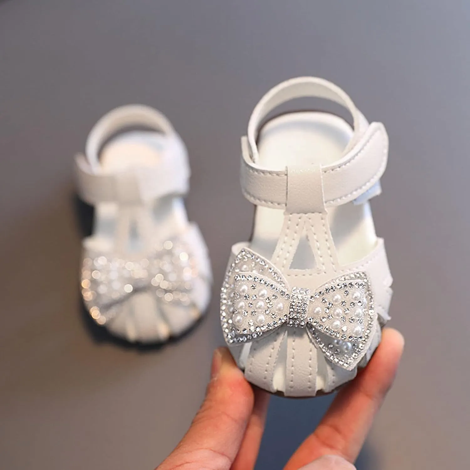 Toddler Baby Girl Pearl Bowknot Sandals Infant Closed Toe First Walking Shoes Princess Soft Sole Cute Dress Shoes