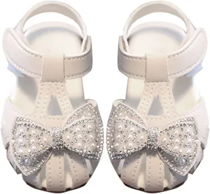 Toddler Baby Girl Pearl Bowknot Sandals Infant Closed Toe First Walking Shoes Princess Soft Sole Cute Dress Shoes