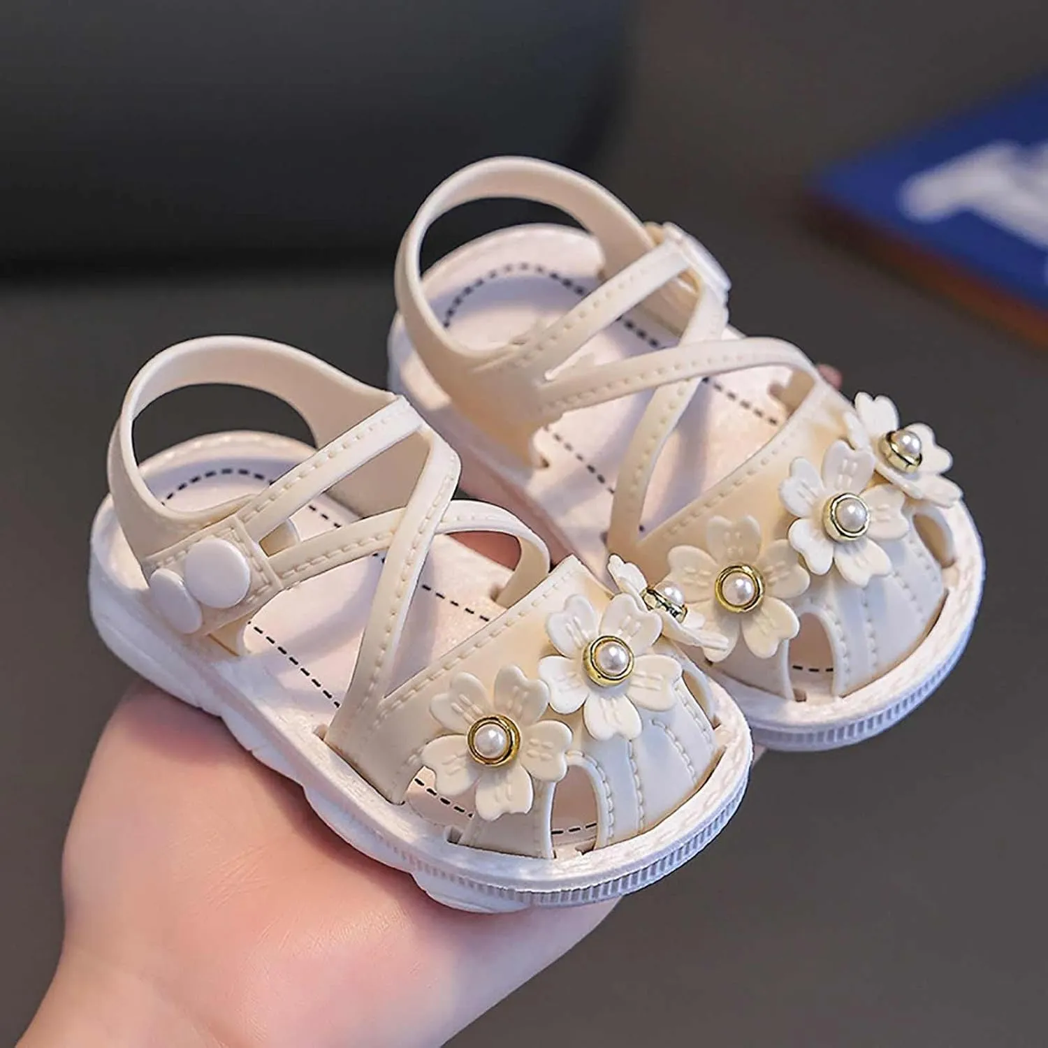 Toddler baby infant Girls Wrapped Head Non Slip Soft Bottom Buckle Walking Shoes Dress Pearl Flowers Sandals