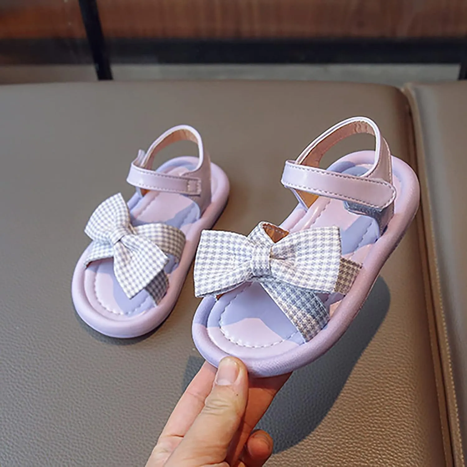Toddler Kid Girl Casual Hook & Loop Sandal Solid Bow Rubber Soft Sole Birthday Party Beach Flat Water Shoes