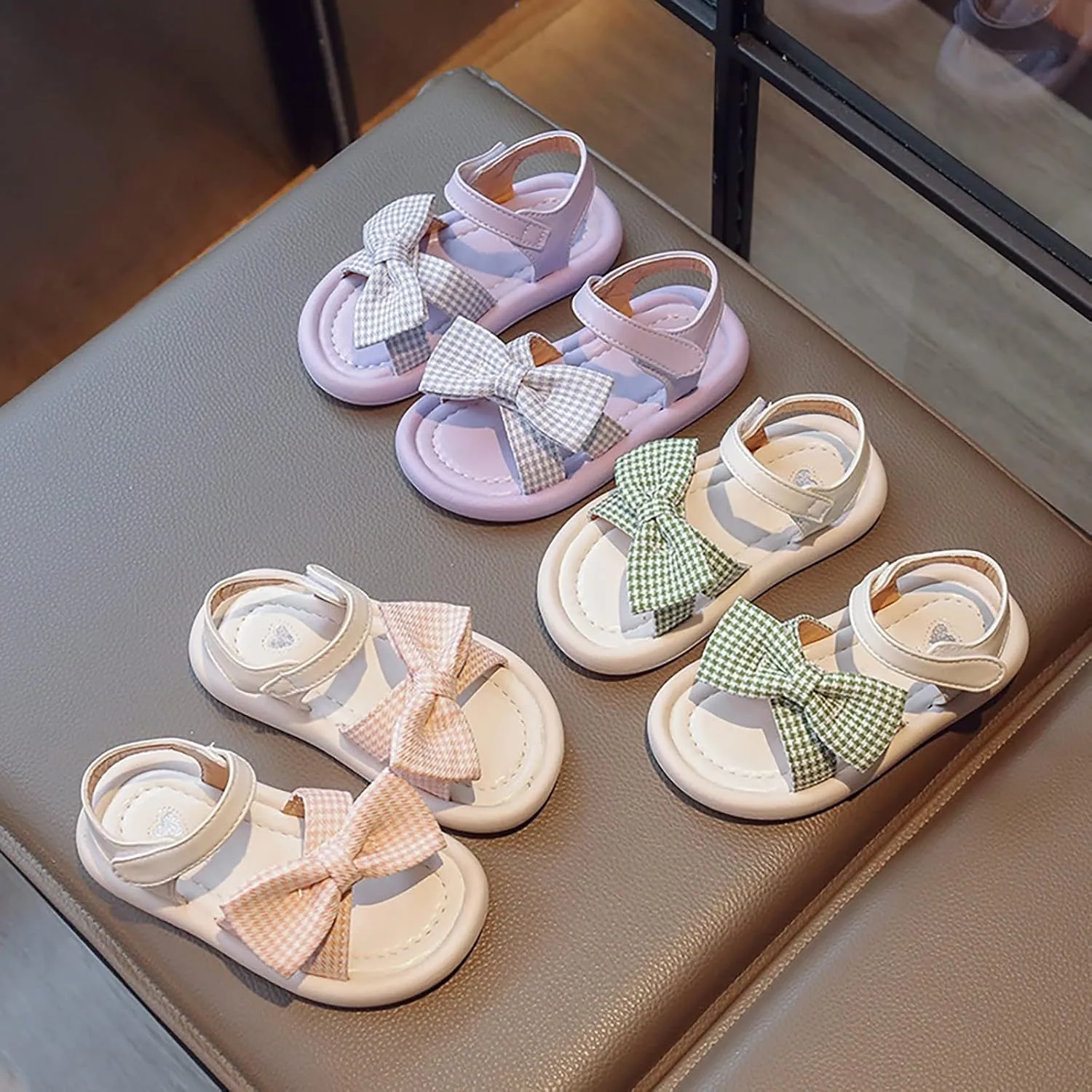 Toddler Kid Girl Casual Hook & Loop Sandal Solid Bow Rubber Soft Sole Birthday Party Beach Flat Water Shoes